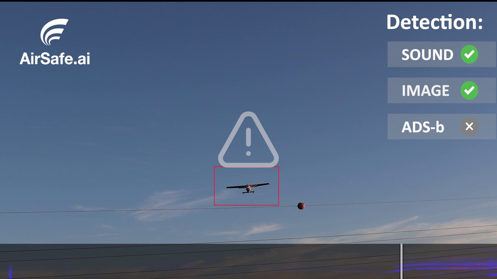 Live detection frame: an aircraft in the sky flagged with a warning box, with sound and image modalities confirmed