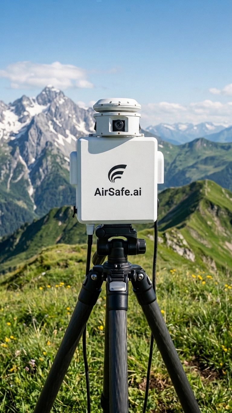 AirSafe.ai ground unit on a tripod overlooking a mountain range