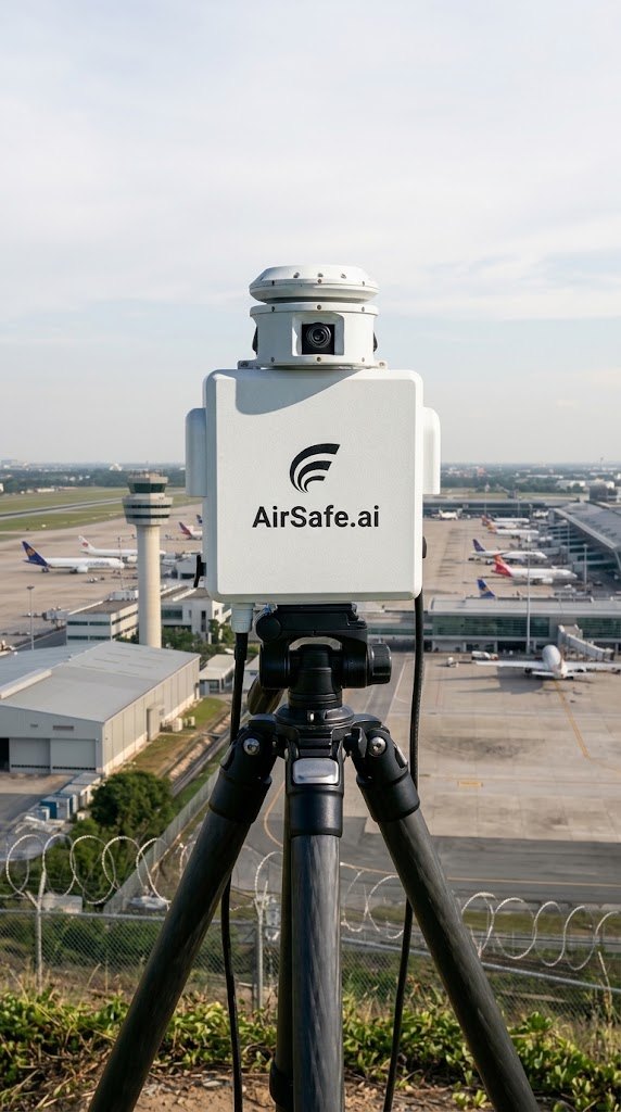 AirSafe.ai ground node on a tripod overlooking an airport apron and control tower