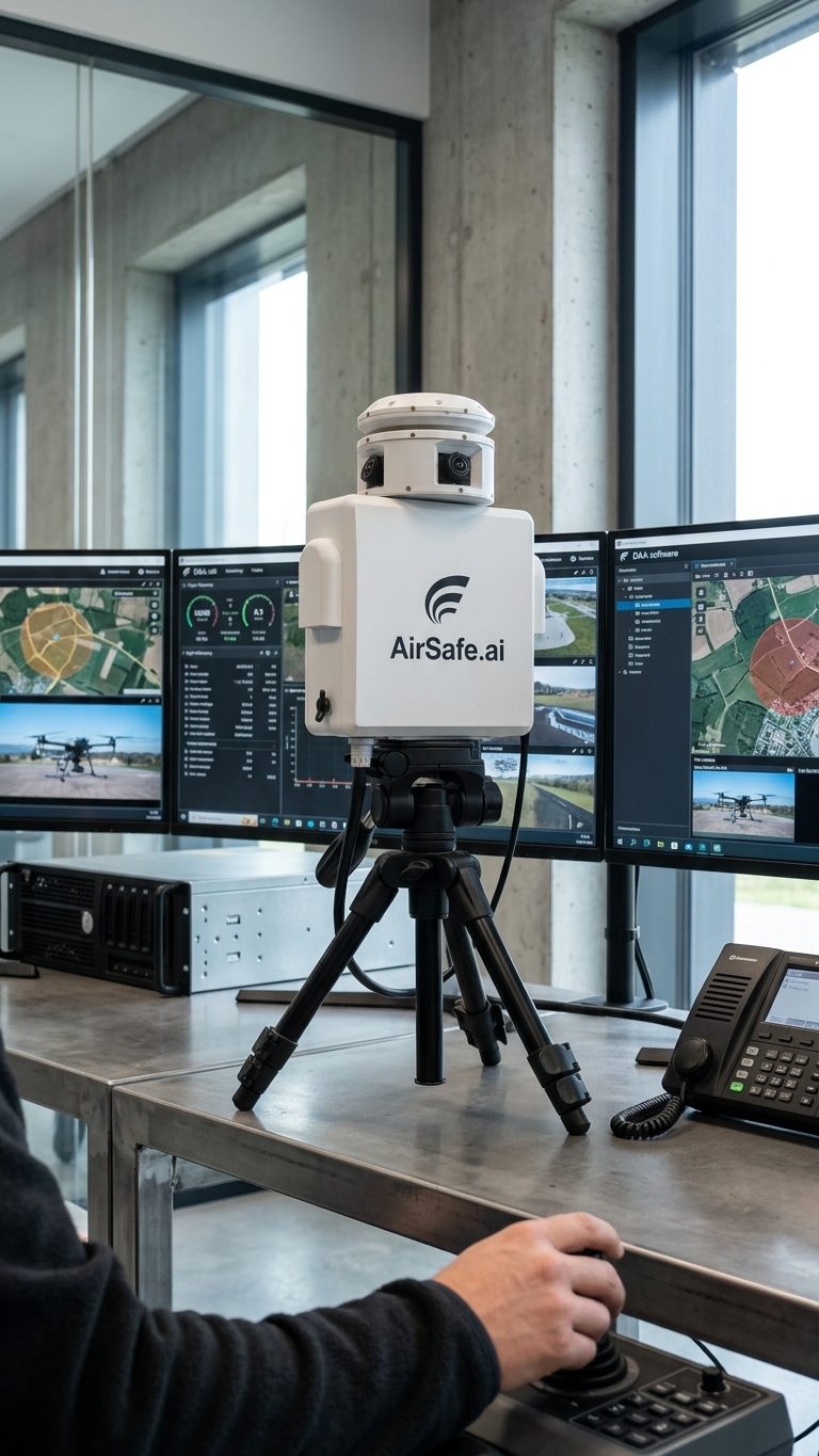 AirSafe.ai ground unit on a tripod in an operations room with C2 screens